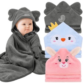 Halinuia Badetuch mit Kapuze für Babys, 3-teilig, Kapuzenhandtuch, super saugfähig, Handtücher für Kleinkinder mit drei Motiven, grau