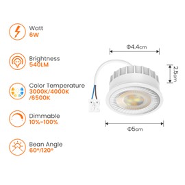 ALUSSO 6W LED Module, Ultra Flat GU10 and MR16 Replacement, 3000K/4000K/6500K LED Bulb with 50mm x 23mm Installation for Recessed Spotlight, IP44 LED Module 230V, Pack of 6