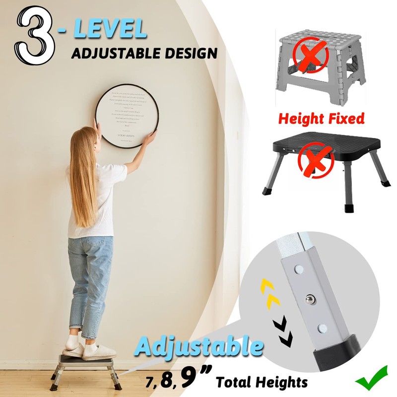 Double Elite 3 Levels Adjustable Folding Step Stools for Adults,