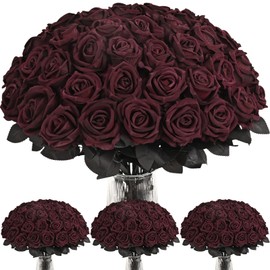 BLEUM CADE 100 Pcs Black Red Roses Artificial Flowers, Real Touch Velvet Roses Fake Flowers Bulk, Artificial Roses Bouquet with Long Stems Bridal DIY Wedding Party Centerpiece Decorations