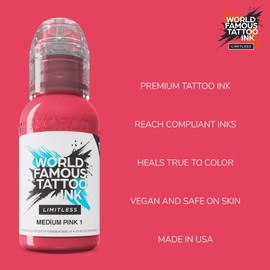 World Famous Tattoo Ink Limitless - Medium Pink 1 Tattoo Ink - Professional Tattoo Ink & Tattoo Supplies - Skin-Safe Permanent Tattooing in Bold Shades - Vegan & Non-Toxic (1 oz)