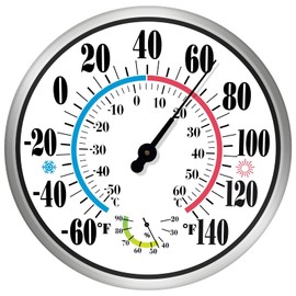 12" Outdoor Thermometer Large Numbers - Decorative Outdoor Thermometers for Patio, Wall Thermometer Hygrometer with Stainless Steel Enclosure, Battery Free Indoor Outdoor Thermometer Hanging