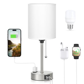 Dicoool White Bedside Lamp for Bedroom - 3 Color Temperatures Desk Lamp with USB C and A Ports, Pull Chain Table Lamp with AC Outlet, Nightstand Lamp with Silver Metal Base for Kids Girls