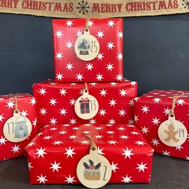 25 Christmas Wooden Advent Tags, Winter Images Christmas Countdown Gift Labels Numbered 1-25, Numbered Wood Gift Tags, Festive Gift Tags