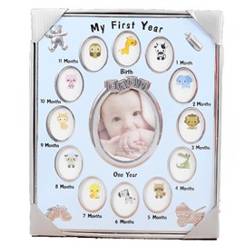 MIMIA Birthday Celebration Baby Photo Frame with 12 Months Growth Record in 1 Memorial Wall Hanging Picture Frame Baby Frame Blue (Blue)