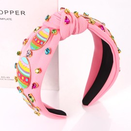 Easter Headband Cute Bunny Carrot Egg Charm Knotted Headband Colorful Rhinestone Jewelry Wide Knot Head Band Easter Hair Acccessories Gift for Women Girls (Easter egg knot headband C)