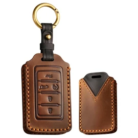 TECART Key Fob Cover with Keychain Fit For Jeep Grand Cherokee L Gladiator Wagoneer Grand Wagoneer Leather Key Shell, Brown