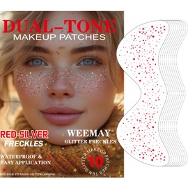 WEEMAY10 Pcs Dual-tone Glitter Freckles, Double Colors Glitter Freckles Face Tattoo, Waterproof Face Sparkle Freckles, Long-lasting 48h Freckles for Women (Red-Silver)