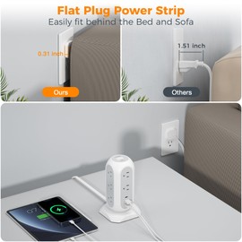 TESSAN Tower Power Strip Flat Plug with 11 Outlets 3 USB (1 USB C), TESSAN Surge Protector Tower 1625W/13A,1050J Protection, 6 Feet Extension Cord with Multiple Outlets, Office Desk Supplies, Dorm Essentials