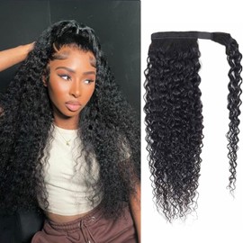 Seelaak Hair Short 14 Inch Curly Human Hair Ponytail Extensions for Black Women Wrap Around Ponytail Water Wave Ponytail Human Hair Feeling With Clip In Thick Ponytail Natural Looking Hairpiece 1B Natural Black (14Inch, Update 120g)