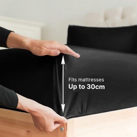 Super King Fitted Bed Sheet - Hotel Luxury Single Fitted Sheet - Fits Mattress Up to 30cm 12" - 180cm x 200cm x 30cm 12" - Soft & Comfy - Wrinkle Free & Breathable - Fitted Bottom Sheet Only (Black)