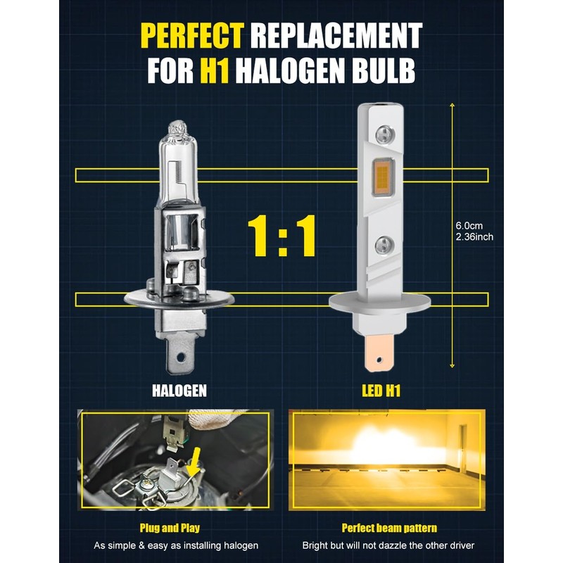 CHOPDARK H1 LED Bulb 3000K Yellow Light Fog Lamps 1:1
