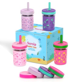 Sursip Toddler Kids Cups with Straw Spill-Proof - 8 oz Glass Mason Jar with Lids Smoothie Snack Water Sippy Cup Toddler 1-3