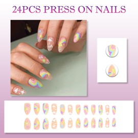 24PCS Stunning Glitter Pink Press on Nails, Rainbow Almond & Short Oval French Tip Fake Nails, Full Cover Stick-on, Includes Accessory Tools, Easy DIY Manicure for Women & Girls