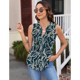 Micoson Hawaiian Shirt for Women V Neck Summer Pleated Tank Tops Loose Fit Outfits 2024 Vacation Beach Flowy Floral Navy Apricot L