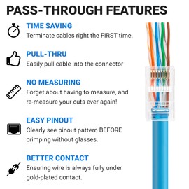 AmSecu 100-Pack RJ45 Pass Through Connector, Cat6, Gold Plated EZ Pass Cable Pass Through RJ45 connectors, RJ45 Modular Plugs, Ethernet Plugs (100 Pack)