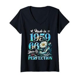 Womens Womens 66th Birthday Floral Made in 1959 Gifts 66 Years Old V-Neck T-Shirt