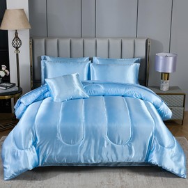 Silk Like Blue Comforter Set with Sheet Sets Queen 8 Pieces Satin Bedding Silky Bed-in-a-Bag Luxury Hotel Light Blue with 1 Cushion Cover