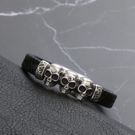 HAQUIL Mens Leather Bracelets Layered Leather Wristbands Cuffs Stainless Steel Clasp Boho Style Valentine Birthday Anniversary Christmas Gifts for Men (08 Triple Skull)