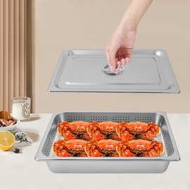 Full Size Hotel Pan with Lid & Perforated Steam Pan, Steam Table Pan Food Warmer Restaurant Supplies Food Pan Tray Buffet Servers Pans Hot Water Pan for Restaurant Catering Kitchen Supplies，