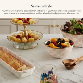 MACKENZIE-CHILDS Enamel Baguette Dish, Serving Dish for Sliced French Baguette Bread, Pink-and-White Rosy Check