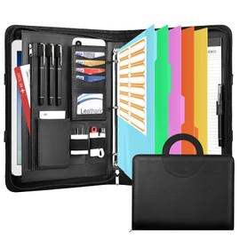 Leathario 3-Ring Portfolio Binder, Includes 5 Folder Index Dividers, 13 Inch Tablets Organizer with Handle, Vegan Leather A4 Padfolio, Multi-Pocket Notepad Business Planner Professional Document