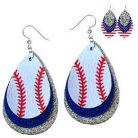 Mall of Style Silver & Royal Blue Earrings, 2 Pairs - Baseball Dangle Earrings with Faux Leather, Glitter, Lightweight