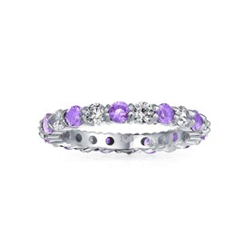 Cubic Zirconia Purple White Alternating Stackable CZ Eternity Band Ring For Women Simulated Amethyst .925 Sterling Silver February Birth Month
