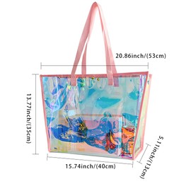ONEART Clear Holographic Tote Bags, Iridescent Waterproof Top Handle Bag, Clear Jelly Totes Vocation Party Beach Bag, Pink Straps