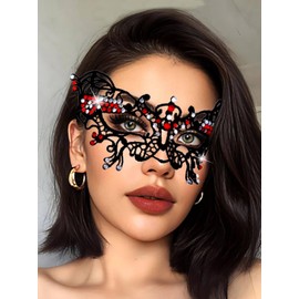 Aularso Rhinestone Masquerade Mask Black Lace Masquerade Ball Mask Venetian Beaded Eye Mask for Festival Cosplay (Red, One-Size)