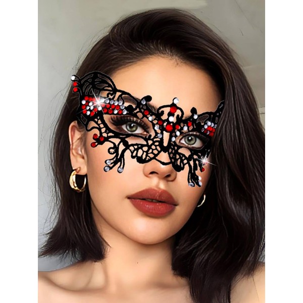 Aularso Rhinestone Masquerade Mask Black Lace Masquerade Ball Mask Venetian