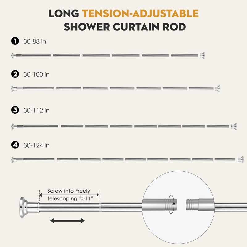 Haryaers Silver Long Curtain RodTension Shower Curtain Rods 30 to100