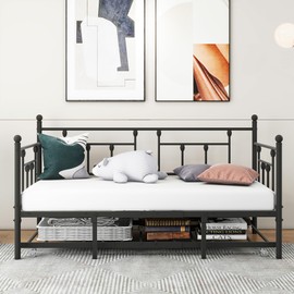 HOMERECOMMEND Twin Daybed with Trundle/Steel Slat Support/Space Saving Trundle Bed and Multi-Functional Furniture for Living Room and Guest Room, Black