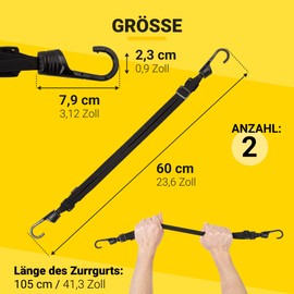 PRETEX Set of 2 with 4 Elastic Latex + Nylon Bungee Cords with 2 Rustproof Hooks - Universal Tie Down Straps Luggage Tensioner Expander Fastening Straps for Load Securing - Black