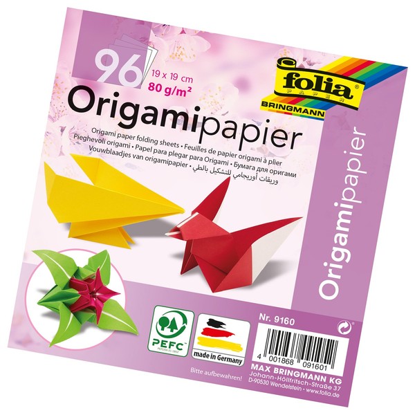 folia 9160 - Faltblätter Origami 19 x 19 cm, 80 g/qm, 96 Blatt, sortiert in 12 verschiedenen Farben - ideal zum Papierfalten und für andere kreative Bastelarbeiten