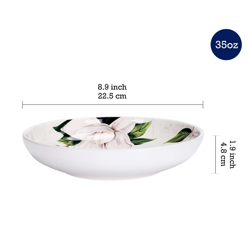 Bico Magnolia Floral Ceramic 35oz Dinner Bowls, Set of 4,