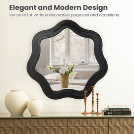 Glitzhome Wavy Wall Miroor - 33.5''D Round Accent Mirror Decorative or Bedroom Living Room Entryway Hallway, Black Wood Frame