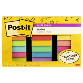 Post-it Super Sticky Notes Teacher Pack, Assorted Colors, 3 in. x 3 in., 15 Pads/Pack, 45 Sheets/Pad (654-15SSBTS-SR)