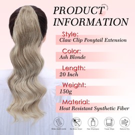 HSLHDI Claw Clip Ponytail Extension,20 Inch Ash Blonde Curly Wavy Ponytail Claw Clip in Hair Extension for Women Fluffy Natural Looking Synthetic Hairpiece for Daily Use(20 Inch,Ash Blonde)