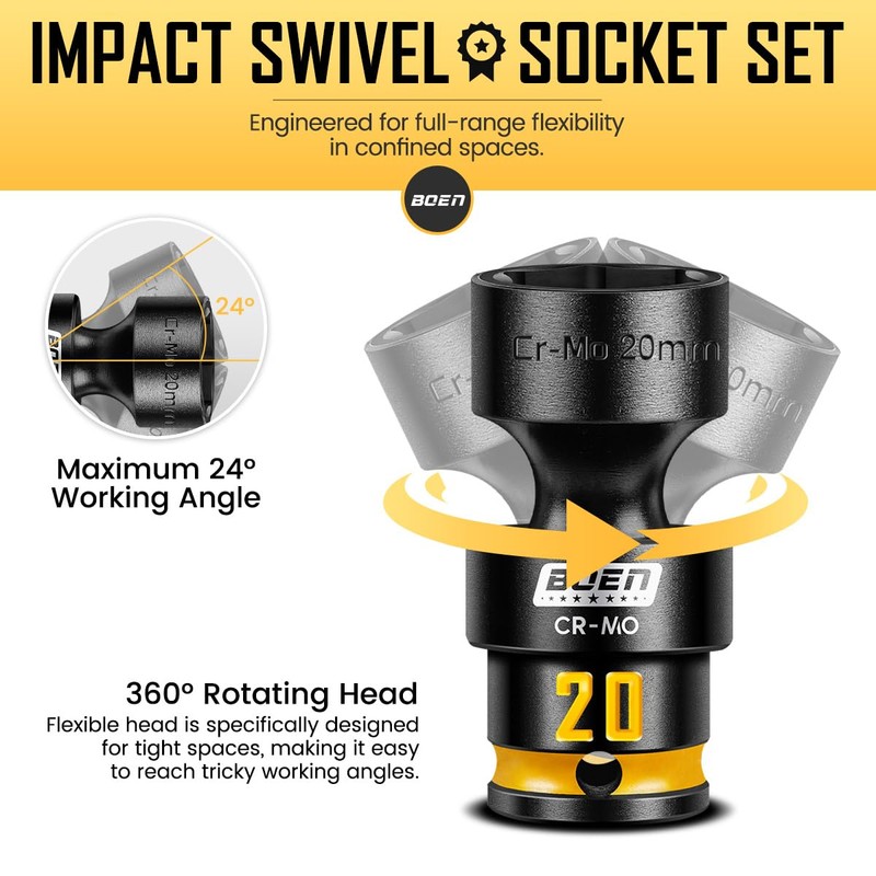 Pro 3/8" Inch Drive Impact Swivel Socket set, 16-Pieces Metric(8-24mm),