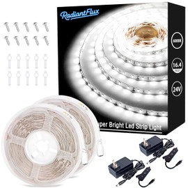 RadiantFlux LED Strip Lights,32.8ft(2 Set of 16.4ft) 24V LED Lights,Dimmable Tape Light Kit,Super Bright LED Lights 6000K,600 LEDs for Bedroom,Home,Indoor,Birthday,Easter Decor