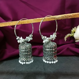 Efulgenz Oxidized Silver Tone Earrings Indian Bollywood Bridal Designer Jewelry Oxidized Traditional Jhumka Jhumki Hoop Earring Set for Women