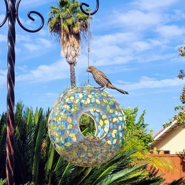 DUSVALLY Fly Through Bird Feeder for Garden Wild Seed, Colored Glass Mosaic Outdoor Hanging Feeder for Bird, Blue & Green