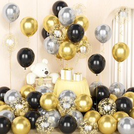 Black Gold Silver Balloons,50 Pcs 12 Inch Black Metallic Gold Silver Confetti Latex Balloons with 2 Ribbons for Birthday Wedding Bridal Baby Shower Graduation Party Decorations