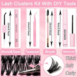 Lash Clusters Kit, 640 Pcs Eyelashes Clusters Extensions Kit 9-16mm Individual Lashes D Curl Fluffy Wispy False Eyelashes Thin Band, with Bond Seal Tweezers Brush DIY (50D-60D Kit)