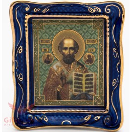 Russian Porcelain Gzhel and gold Christian Icon St. Nicholas Николай Чудотворец