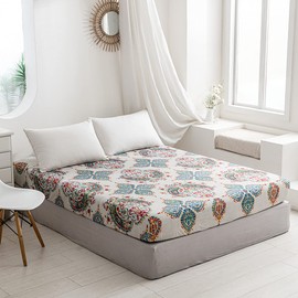 Damier Boho Fitted Sheet, 200 x 200 cm, Bohemian Indian Mandala Fitted Sheet, Soft Microfibre Box Spring Bed Sheet Suitable for Mattresses of 30 cm