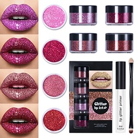 LOKFAR 4 Colors Glitter Lip Kit, Shiny Diamond and Metallic Lip Glitter Makeup Lipstick Lip Gloss Glitter Lipstick, Waterproof & Long Lasting Lip makeup Powder Set for Lips Nails Art(Set A Warm Color)