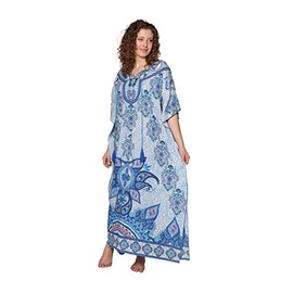 LA CERA Women's 100% Cotton Caftan Dress with Embroidered Yoke, Tassel Tie, Side Pockets & Side Slit Blue