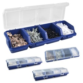 Screw Organizer Storage Bins, 4 Pack Stackable Bins with Lids, Divider Compartment Containers for Garage / Craft Tool Organizing, Tool Cart Cabinet Workbench Drawers Organization and Storage (Blue)